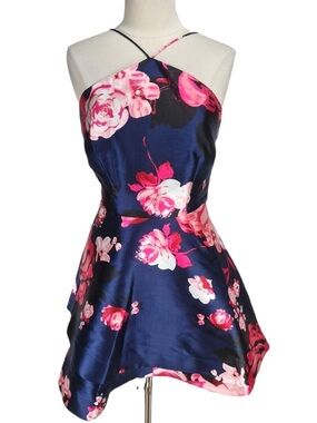 By By size 9 Navy Floral Satin Halter Mini Dress